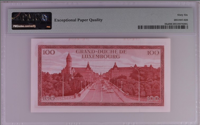收藏联盟Quantum Auction 第202期拍卖 卢森堡1970年100法郎 PMG66 首发A冠 背面为卢森堡 阿道夫大桥