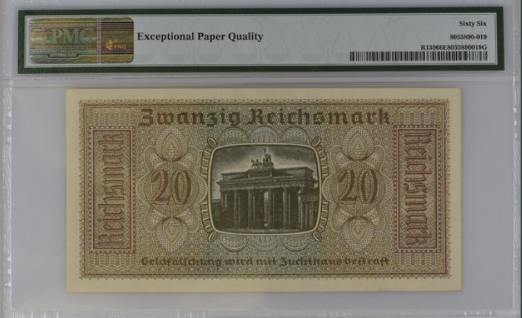 收藏联盟Quantum Auction 第202期拍卖 德国1940-45年20马克 PMG66 勃兰登堡门 正面左下角有元首的标志
