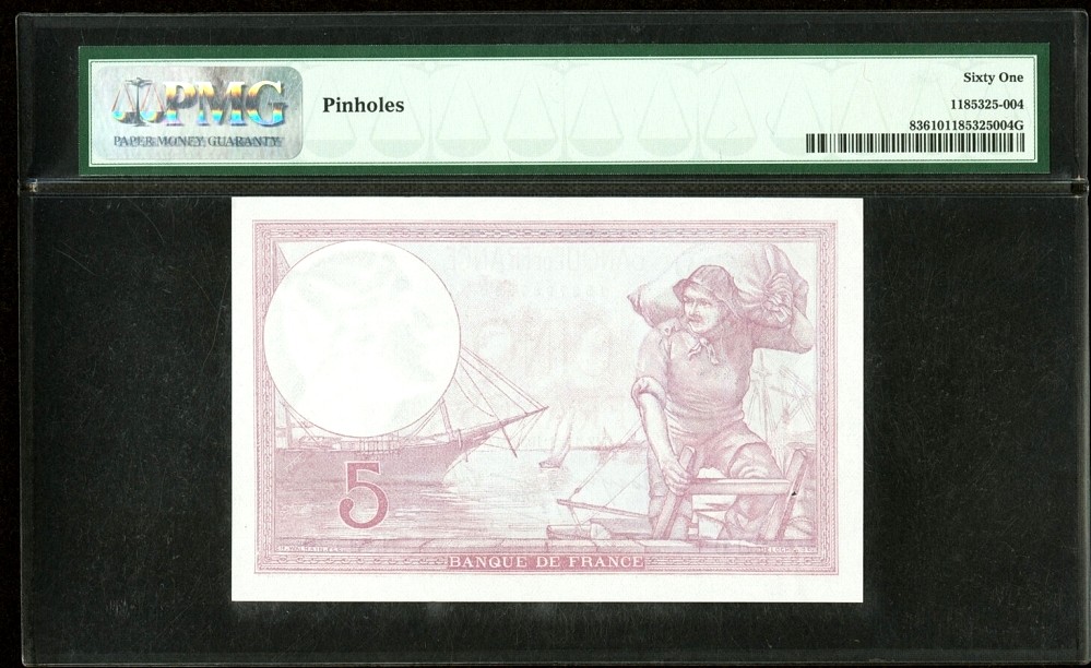 【Blue Auction】✨世界纸币精拍第243期——小双十一专场  【无47】法国 1939-41年5法郎 PMG61 少见分数 