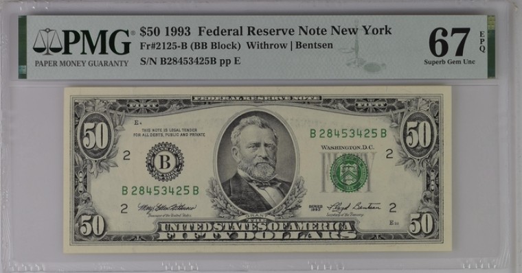 收藏联盟Quantum Auction 第202期拍卖 美国1993年联邦储备券50元 PMG67 格兰特总统