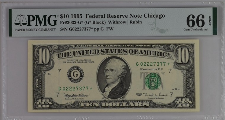 收藏联盟Quantum Auction 第202期拍卖 美国1995年联邦储备券10元 PMG66 汉密尔顿 星补号 