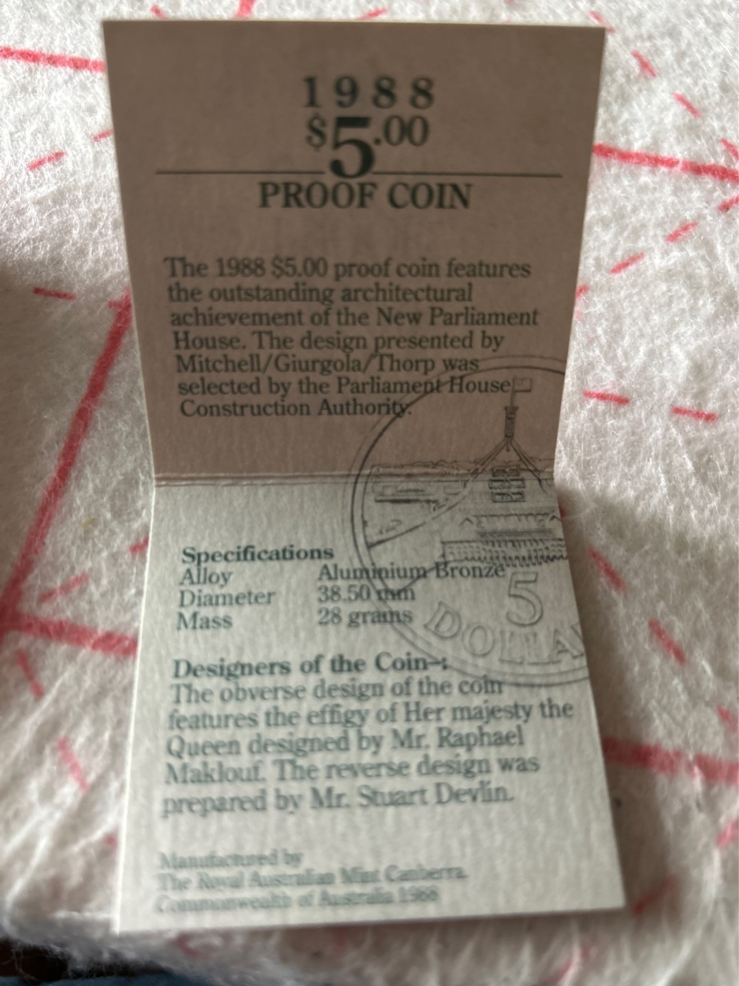 收藏联盟Quantum Auction 第203期拍卖 硬币场 1988年澳大利亚新议会大厦5元精制纪念币