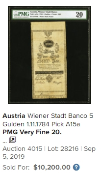 【Blue Auction】✨世界纸币精拍第243期——小双十一专场   【唯一冠军分 全新原票非常罕见 3个世纪前的纸币 带水印和钢戳防伪】奥地利 早期 1800年（清嘉庆5年）5盾 PMG64EPQ 超大壳子 文物级别 值得珍藏