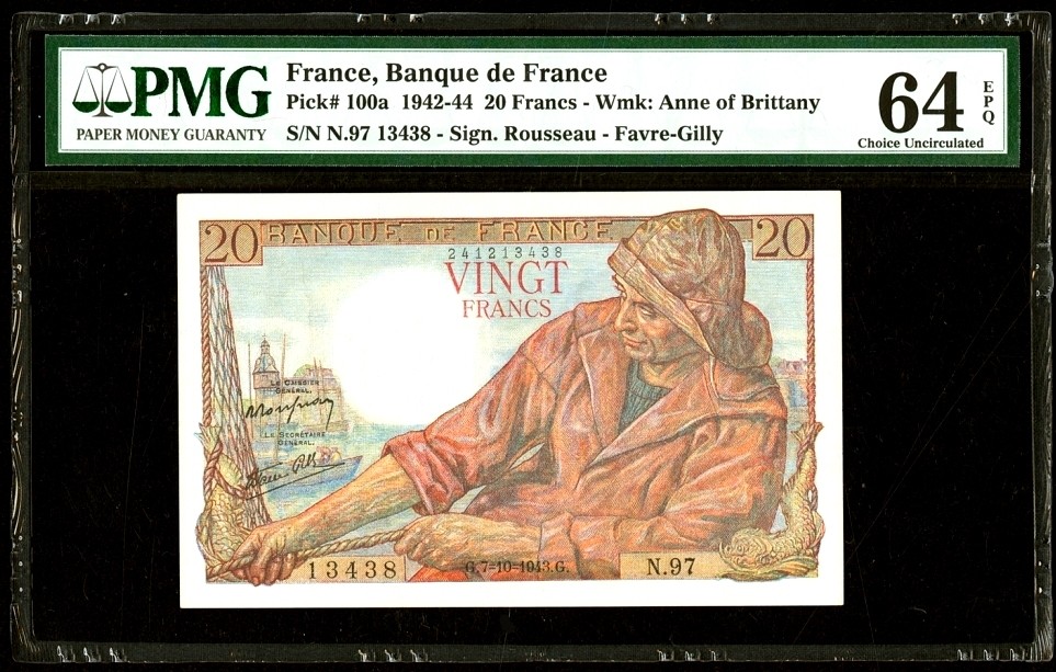 【Blue Auction】✨世界纸币精拍第243期——小双十一专场  法国 1943年20法郎 PMG64EPQ 全新原票