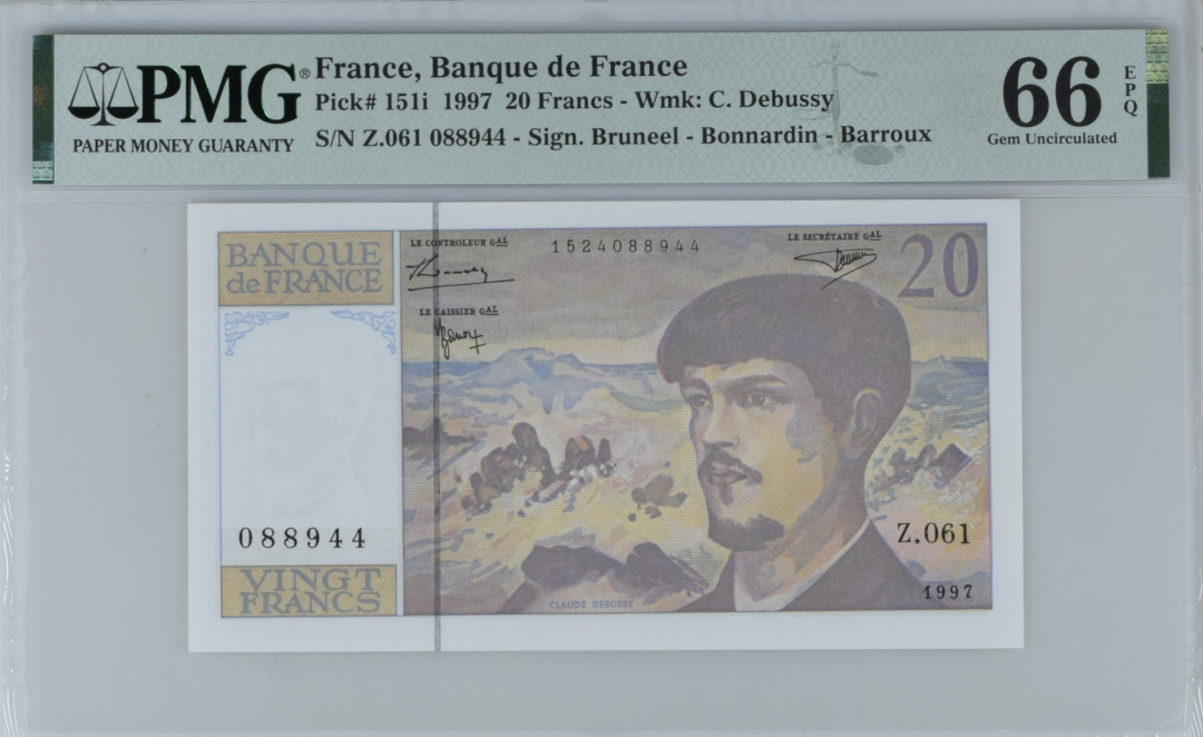 收藏联盟Quantum Auction 第202期拍卖 法国1997年20法郎 PMG66 
