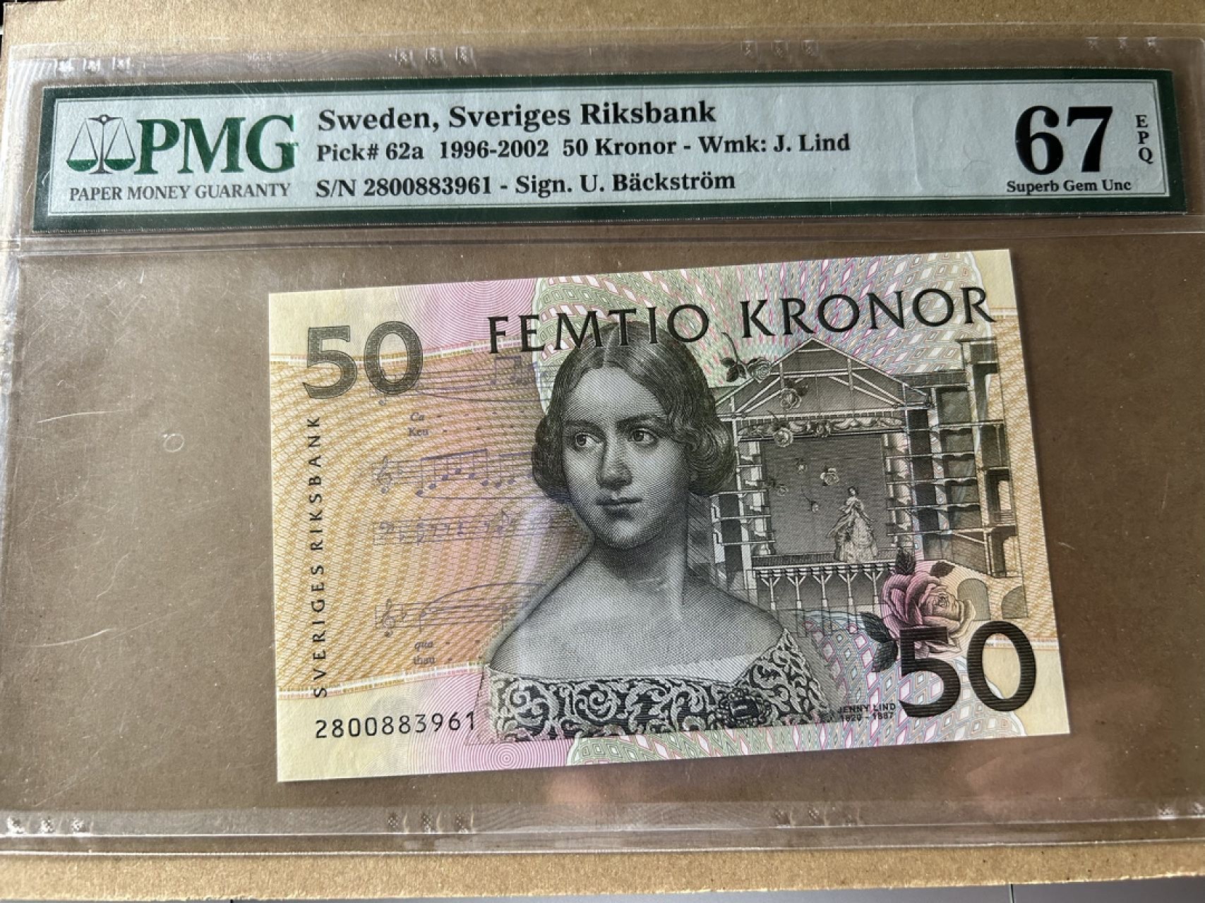 收藏联盟Quantum Auction 第204期拍卖 瑞典1996-2002年50克朗 PMG67 初版 号码无47 夜莺