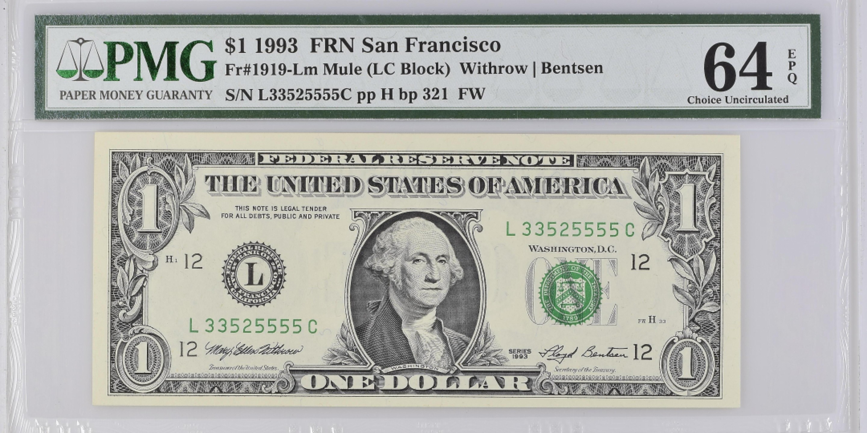 收藏联盟Quantum Auction 第202期拍卖 美国1993年联邦储备券1元 PMG64e 无47的狮子号