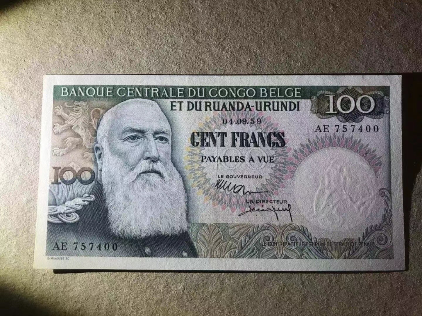 【Blue Auction】✨世界纸币精拍第243期——小双十一专场  比属刚果 1959年100法郎 经典大胡子 大象水印 AU品相