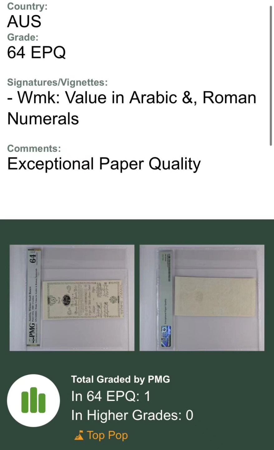 【Blue Auction】✨世界纸币精拍第243期——小双十一专场   【唯一冠军分 全新原票非常罕见 3个世纪前的纸币 带水印和钢戳防伪】奥地利 早期 1800年（清嘉庆5年）5盾 PMG64EPQ 超大壳子 文物级别 值得珍藏