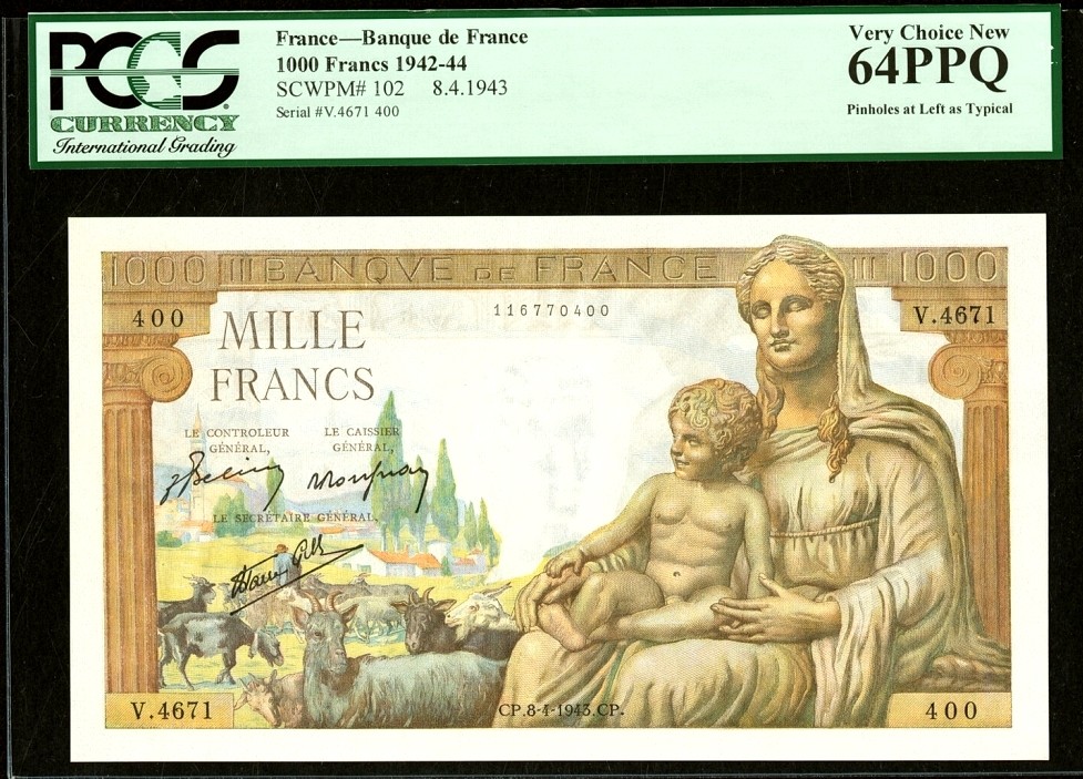 【Blue Auction】✨世界纸币精拍第243期——小双十一专场  法国 1942-44年1000法郎 PCGS绿标64EPQ 全新原票 圣母&墨丘利 大票幅