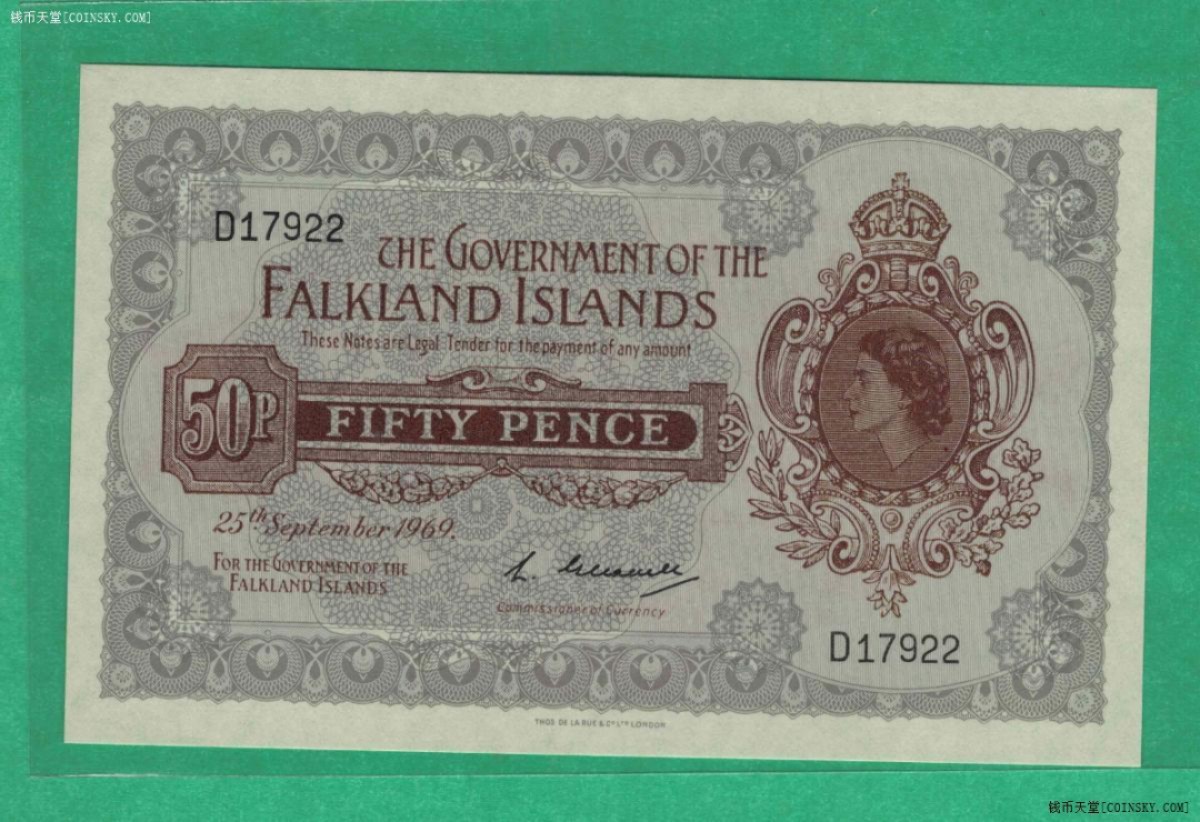 福克兰群岛1969年50便士 克劳斯P-10 美洲纸币 实物图 UNC 