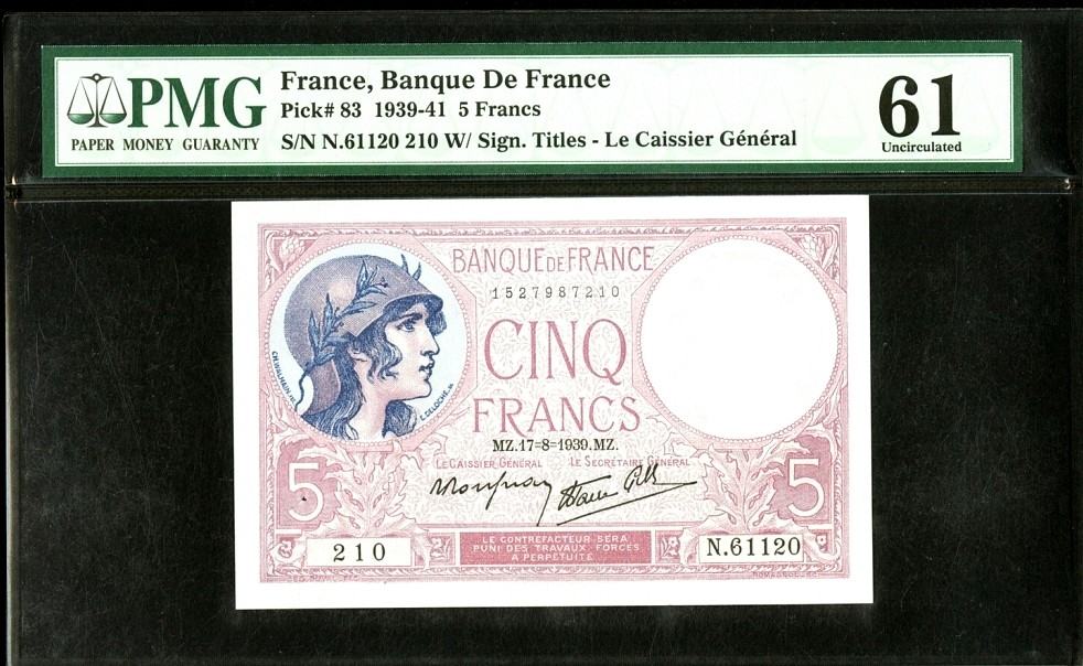 【Blue Auction】✨世界纸币精拍第243期——小双十一专场  【无47】法国 1939-41年5法郎 PMG61 少见分数 