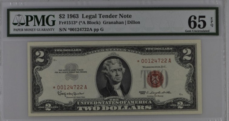 收藏联盟Quantum Auction 第202期拍卖 美国1963年红库印政府券2元  PMG65 星补号 