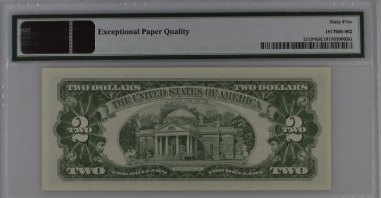 收藏联盟Quantum Auction 第202期拍卖 美国1963年红库印政府券2元  PMG65 星补号 