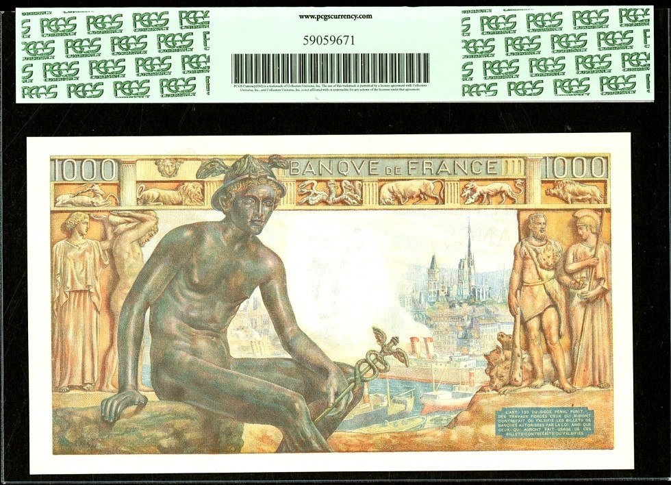 【Blue Auction】✨世界纸币精拍第243期——小双十一专场  法国 1942-44年1000法郎 PCGS绿标64EPQ 全新原票 圣母&墨丘利 大票幅