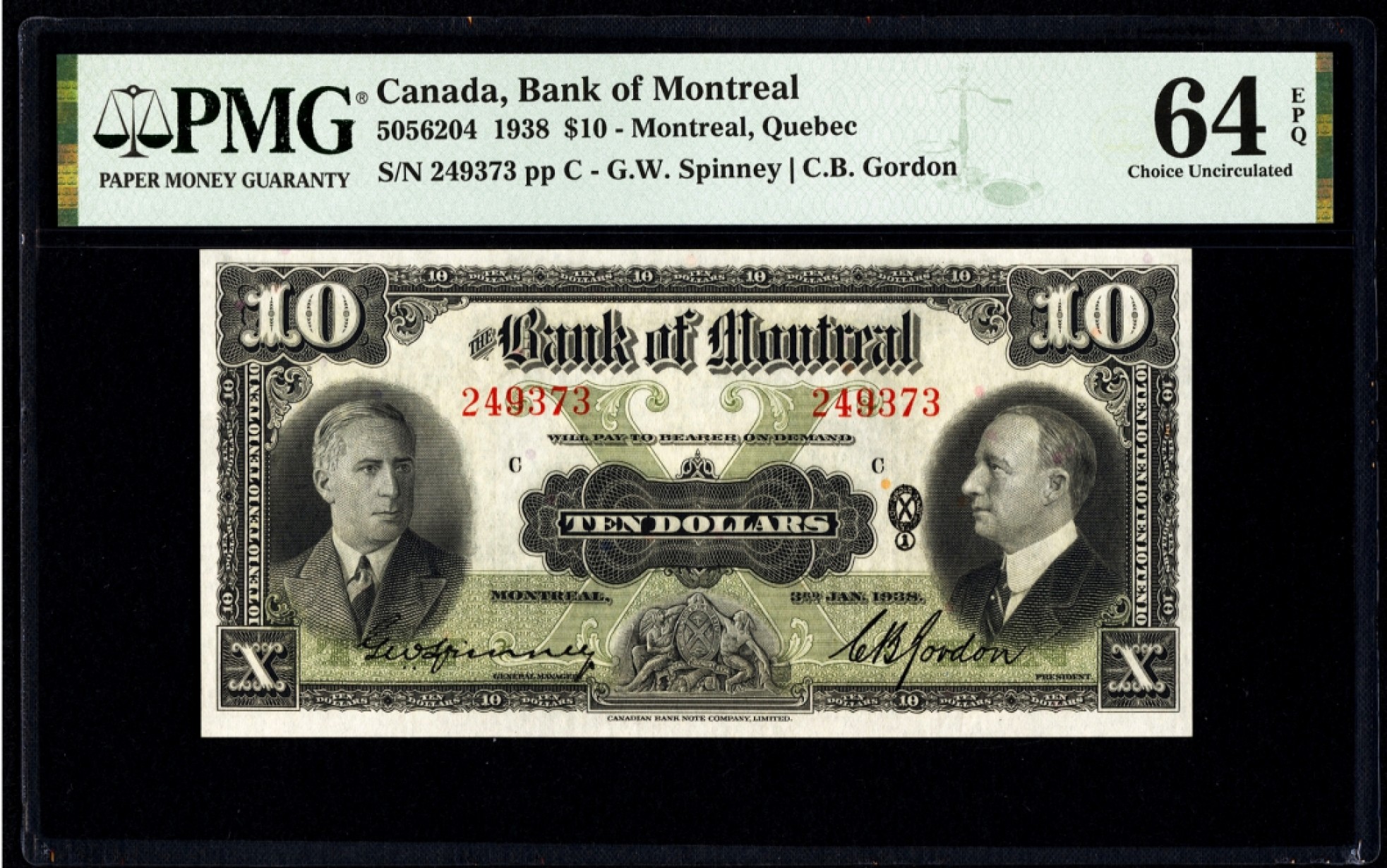 【Blue Auction】✨世界纸币精拍第243期——小双十一专场  加拿大早期 蒙特利尔银行 1938年10元  PMG64EPQ 全新原票 雕刻精美 较少见