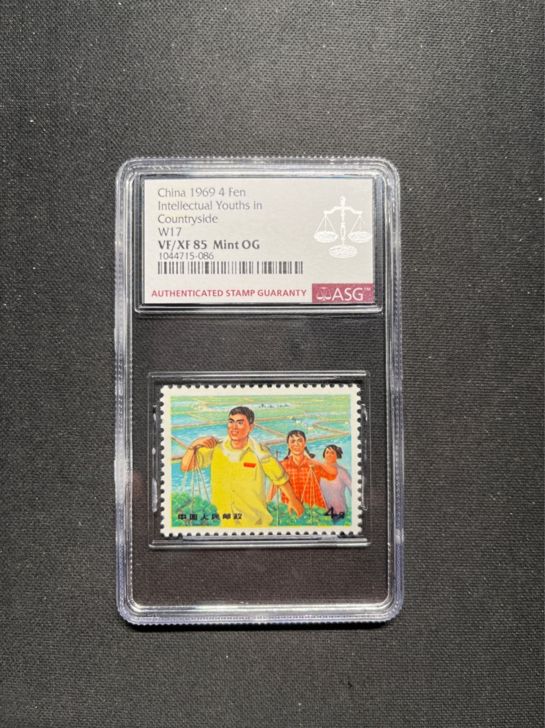 洪涛臻品 精选邮票限时拍卖第六十八期 文17知青4分★漏纽扣★ ASG85分OG ，文革两大变体票，一是文18漏刺刀，二是文17漏纽扣。版撕精品送评，票全品无瑕疵，85分超高性价比。变体票存世量少，潜力巨大，喜欢不要错过，目前ASG评级处于初级阶段，注意趁早下手囤精品货，未来一定有意想不到的收获，(最后一图是漏纽扣变体对比图)