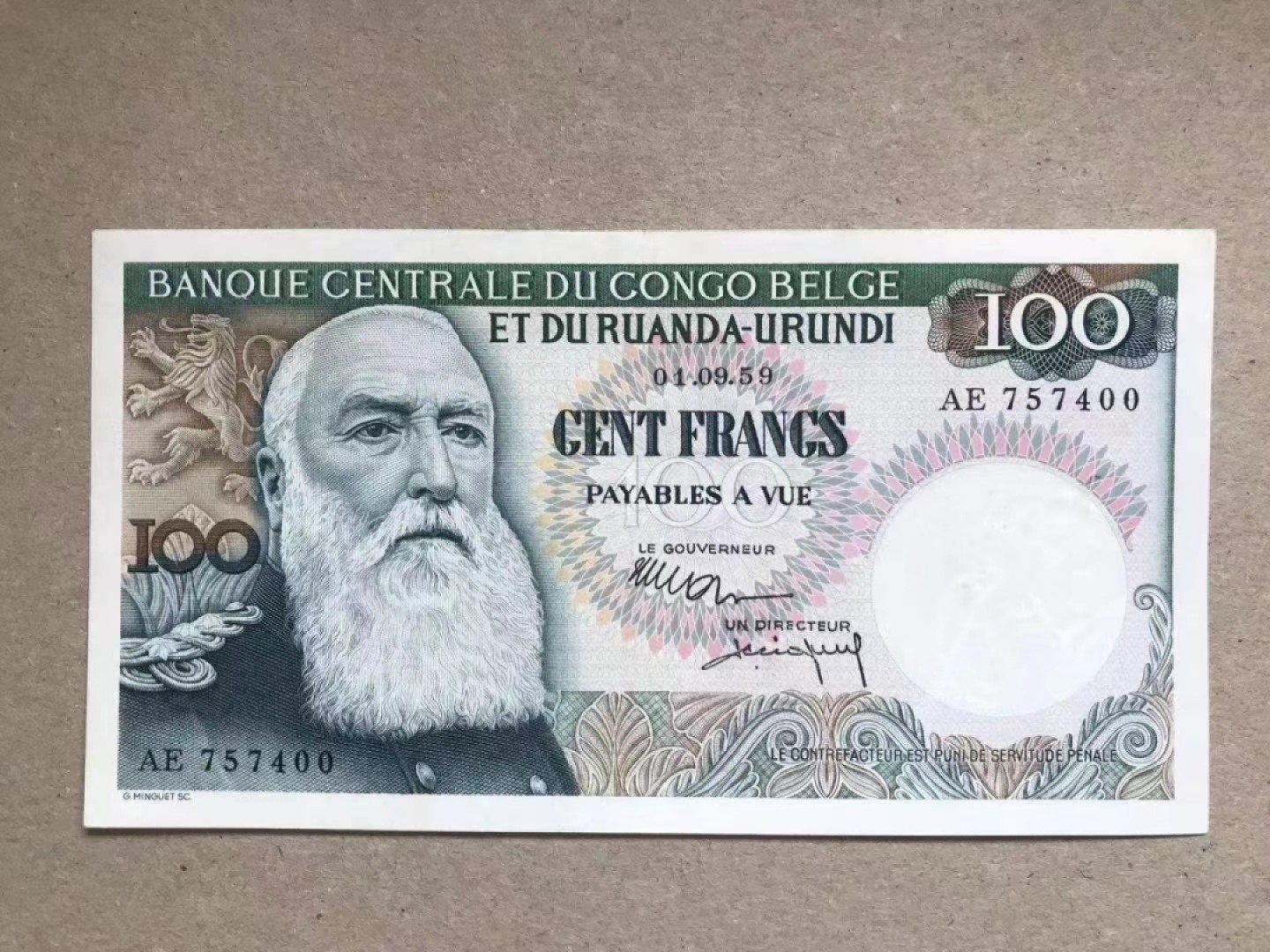 【Blue Auction】✨世界纸币精拍第243期——小双十一专场  比属刚果 1959年100法郎 经典大胡子 大象水印 AU品相