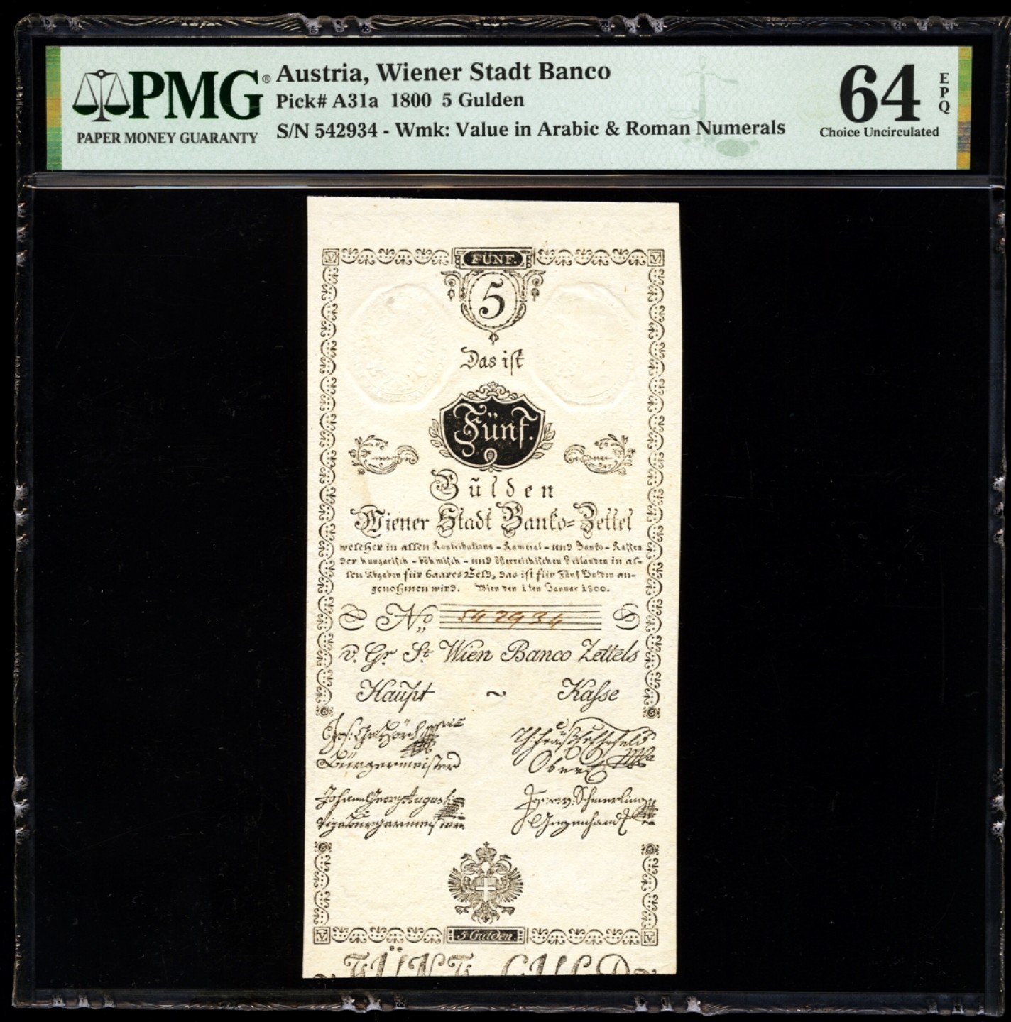 【Blue Auction】✨世界纸币精拍第243期——小双十一专场   【唯一冠军分 全新原票非常罕见 3个世纪前的纸币 带水印和钢戳防伪】奥地利 早期 1800年（清嘉庆5年）5盾 PMG64EPQ 超大壳子 文物级别 值得珍藏