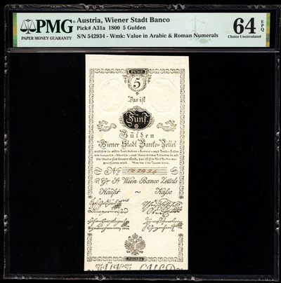 【Blue Auction】✨世界纸币精拍第243期——小双十一专场  -  【唯一冠军分 全新原票非常罕见 3个世纪前的纸币 带水印和钢戳防伪】奥地利 早期 1800年（清嘉庆5年）5盾 PMG64EPQ 超大壳子 文物级别 值得珍藏