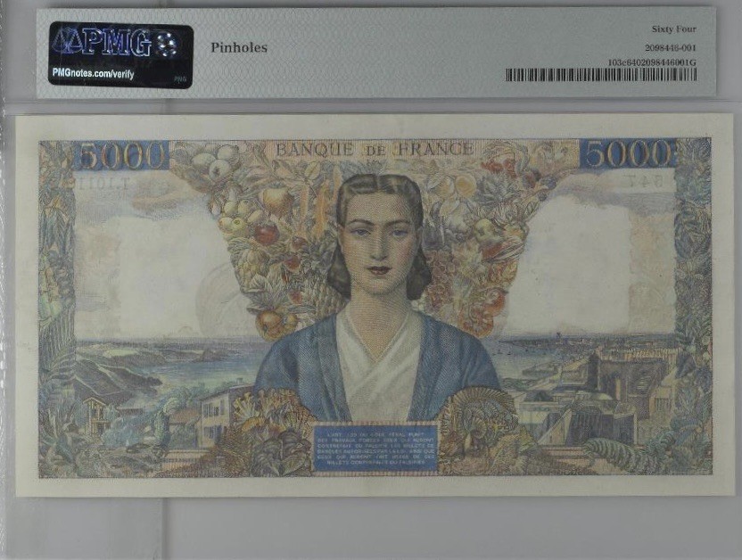 收藏联盟Quantum Auction 第204期拍卖 法国1945年5000法郎 PMG64 大团结 冠军分