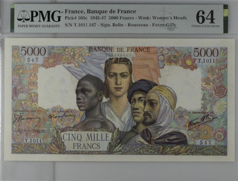 收藏联盟Quantum Auction 第204期拍卖 法国1945年5000法郎 PMG64 大团结 冠军分
