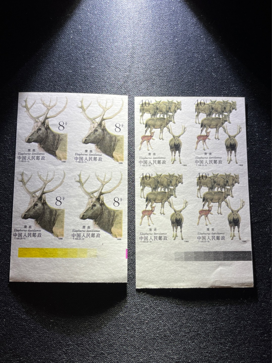洪涛臻品 精选邮票限时拍卖第六十九期 T132无齿麋鹿新全    色标方连一组 ，小软折，小瑕疵如图，上品。精品版货  精工细裁 ，四角白尖， 面艳背白，全程带硅胶手套操作，喜欢的老板不要错过