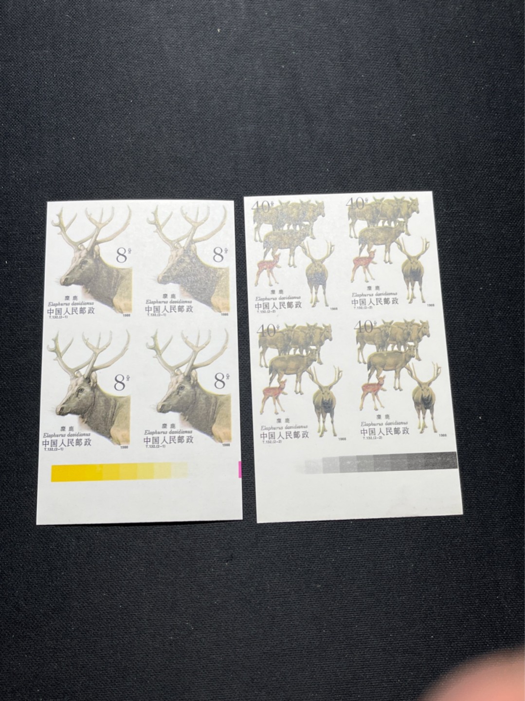洪涛臻品 精选邮票限时拍卖第六十九期 T132无齿麋鹿新全    色标方连一组 ，小软折，小瑕疵如图，上品。精品版货  精工细裁 ，四角白尖， 面艳背白，全程带硅胶手套操作，喜欢的老板不要错过