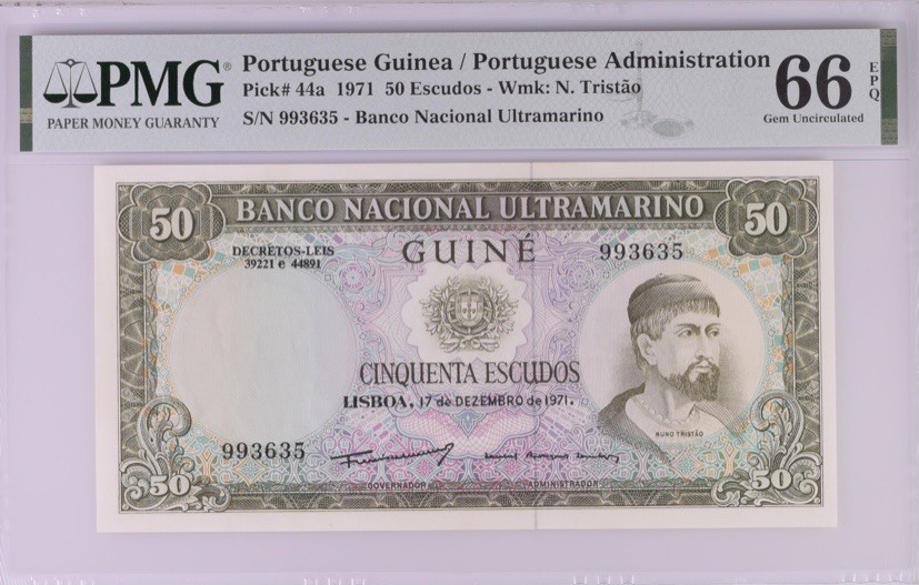 收藏联盟Quantum Auction 第202期拍卖 葡属几内亚1971年50埃斯库多 PMG66 