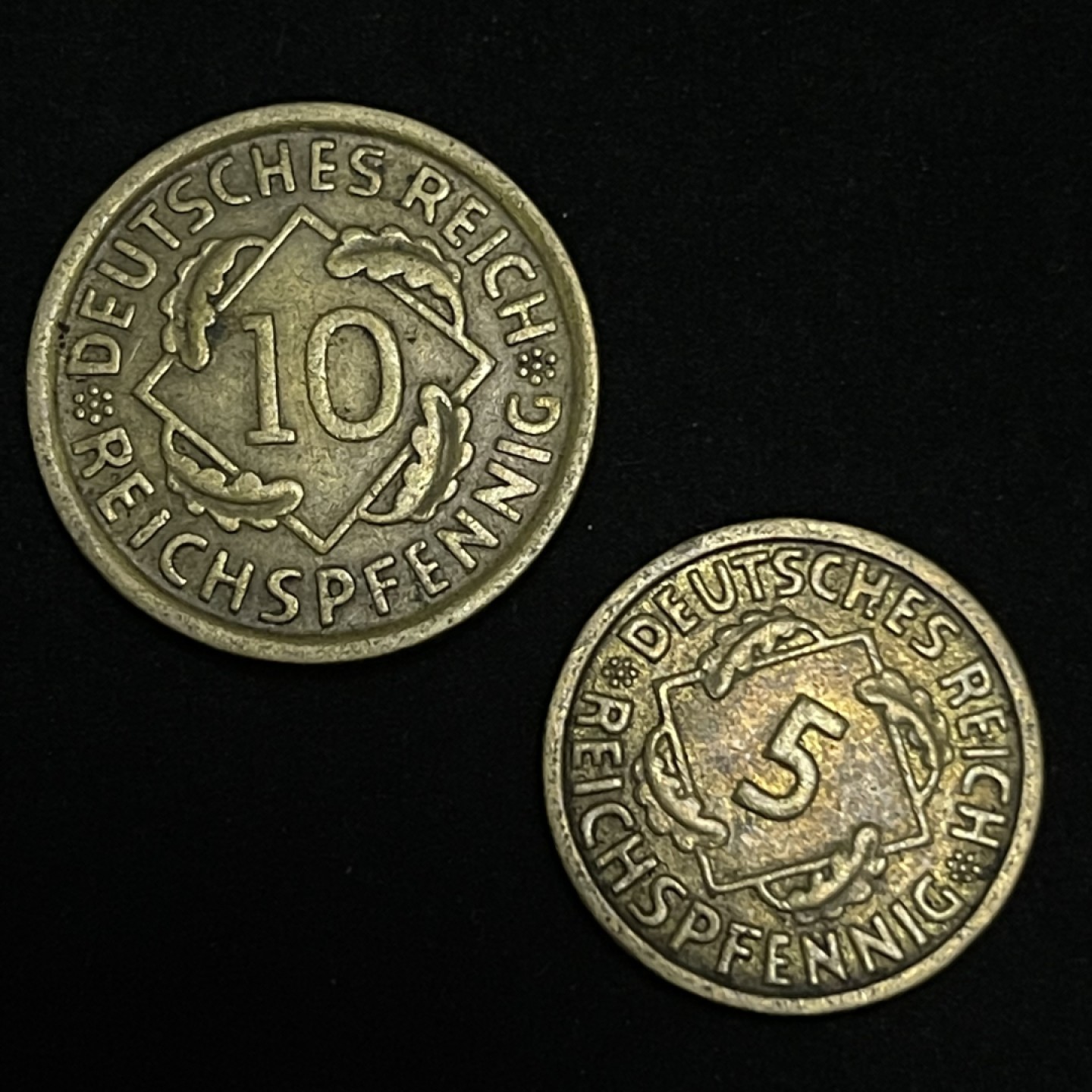 外国硬币0元起拍（19） 1936德国魏玛共和国5，10芬妮 D厂