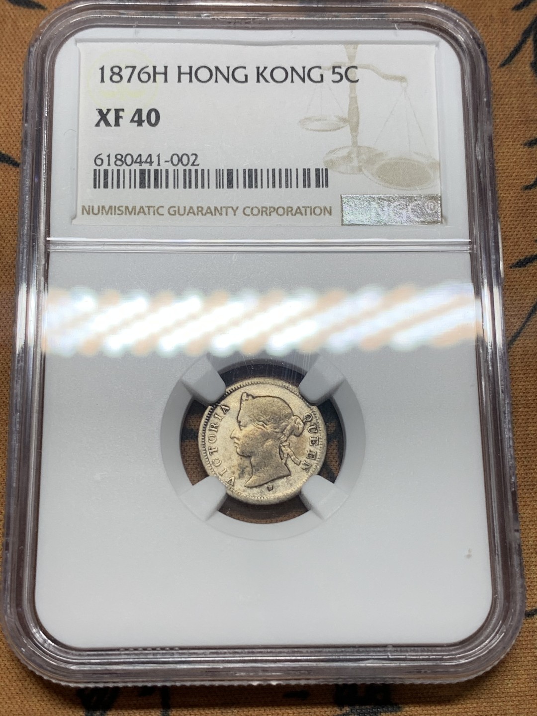 《竞宝斋》第111场-周日，周一 ，2场连拍（全场包邮） NGC-XF40  香港 1876H年 5仙  维多利亚 银币 原味包浆