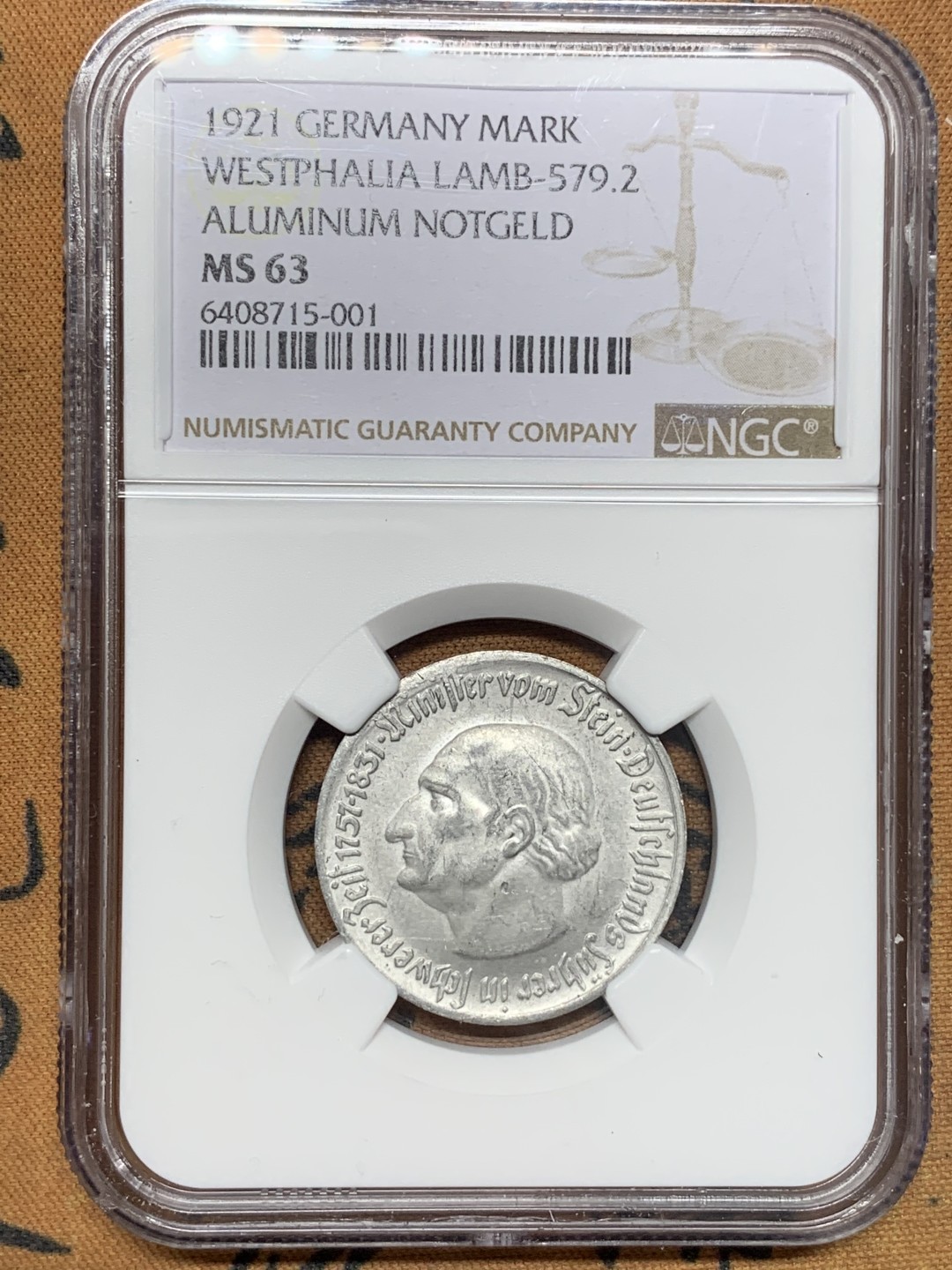 《竞宝斋》第111场-周日，周一 ，2场连拍（全场包邮） NGC-MS63 德国魏玛1921年 1马克大马币 铝制