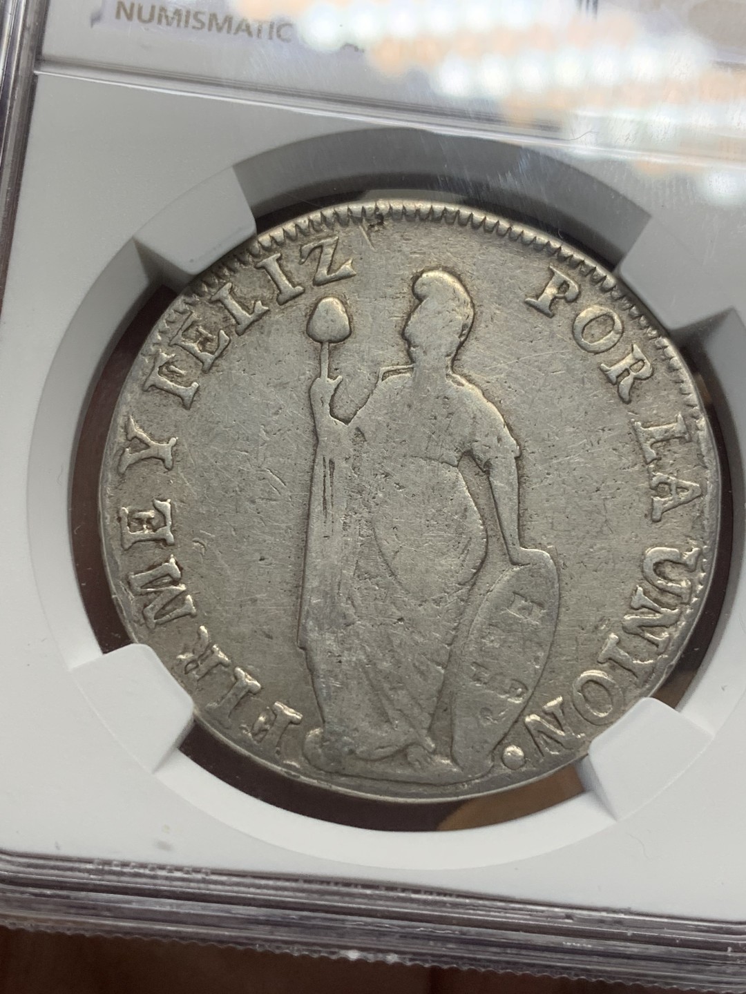 《竞宝斋》第111场-周日，周一 ，2场连拍（全场包邮） NGC-VFD 秘鲁站人女神 1840年 8R大银币 背面打得算好的了 国内不多