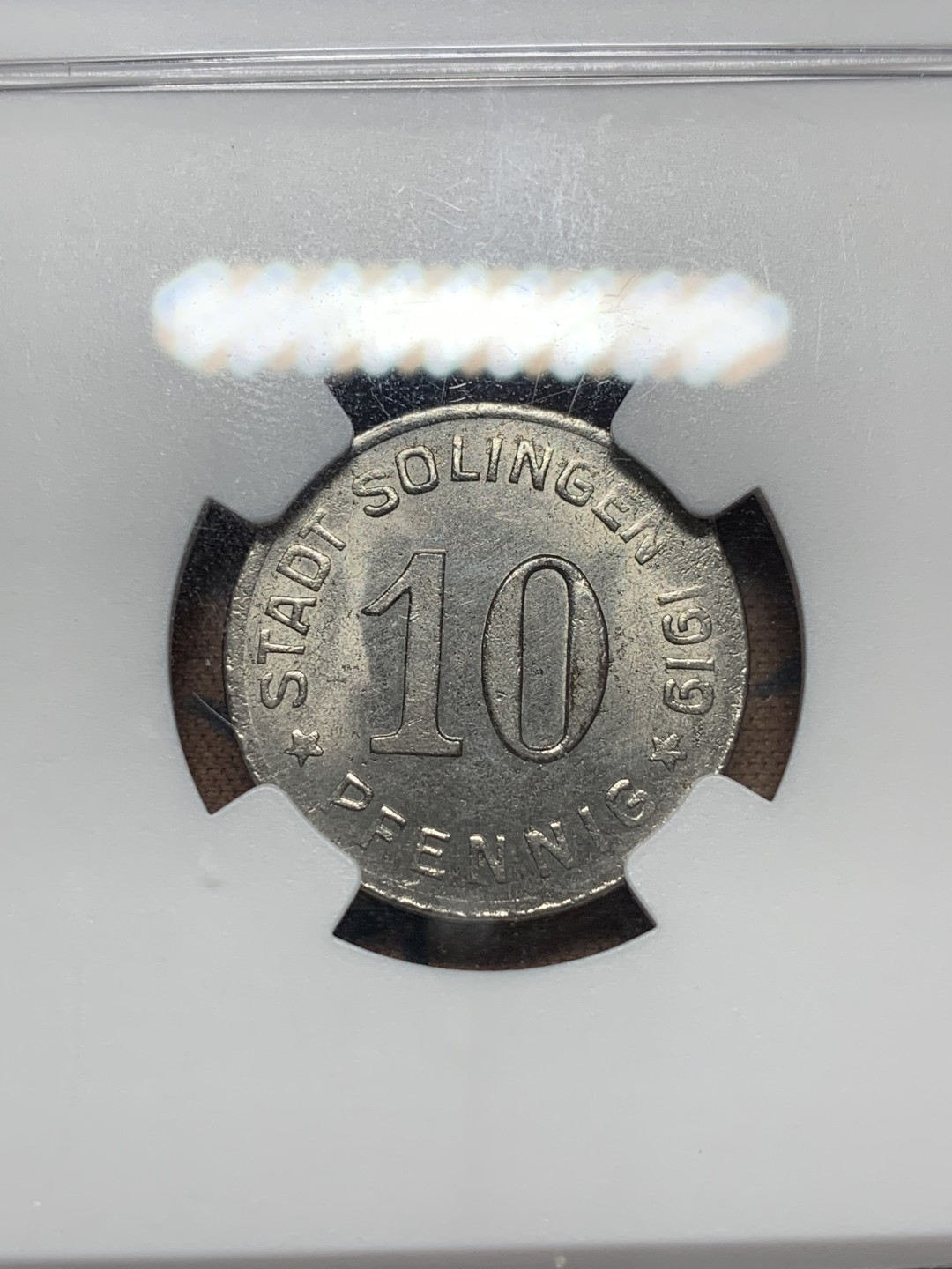 《竞宝斋》第111场-周日，周一 ，2场连拍（全场包邮） NGC-MS63 德国紧急状态 1919年 索林根10芬尼铁币  状态好 泛光状态