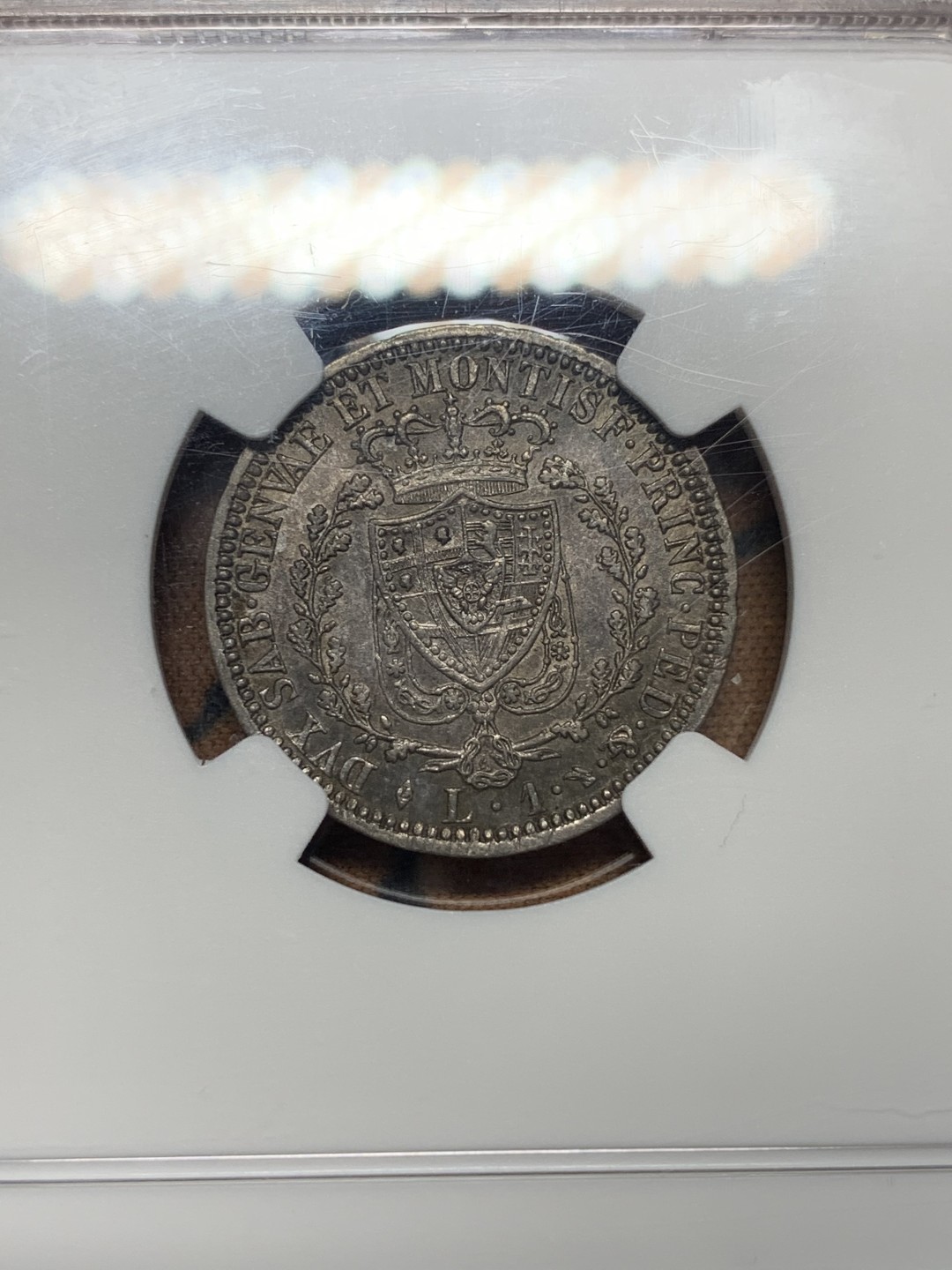 《竞宝斋》第111场-周日，周一 ，2场连拍（全场包邮） 唯一冠军分，NGC-AU55 撒丁王国1827年卡洛·腓力切1里拉银币 原味包浆 少见品种