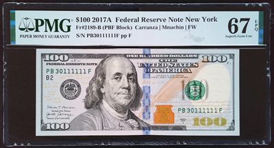 《家喻户晓》世界靓号纸钞第五期 - 2017A美国100美元 数三倒影号 大象号111111 PMG67