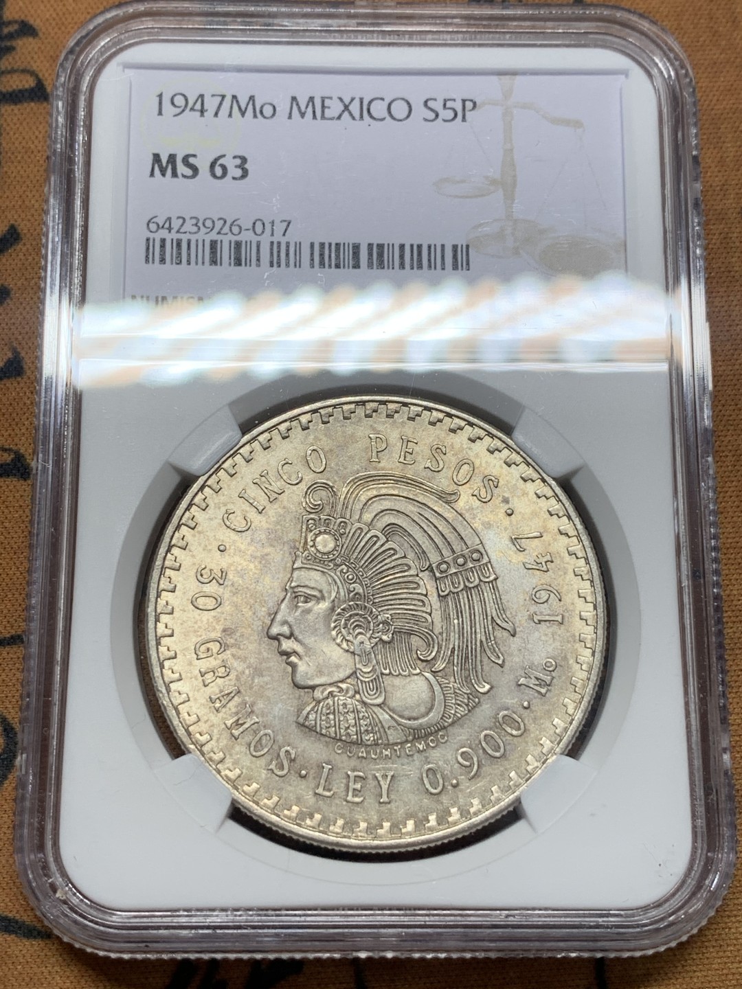 《竞宝斋》第111场-周日，周一 ，2场连拍（全场包邮） NGC-MS63 墨西哥1947年 印第安人头像5比索大银币 原光好品