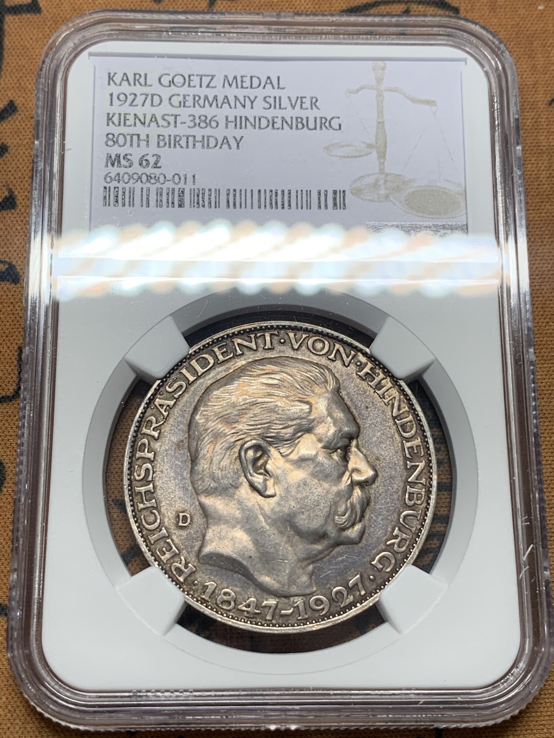 《竞宝斋》第111场-周日，周一 ，2场连拍（全场包邮） NGC MS62德国1927年哥茨设计兴登堡总统80大寿5马克币章