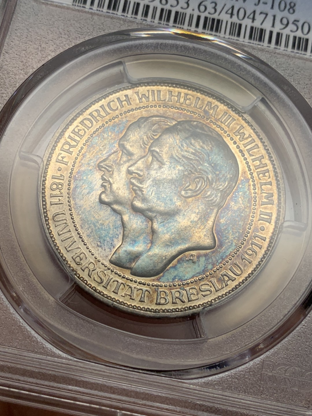 《竞宝斋》第111场-周日，周一 ，2场连拍（全场包邮） PCGS-PR63 德国 1911年 普鲁士布雷斯劳大学 3马克银币   精致靛蓝色包浆
