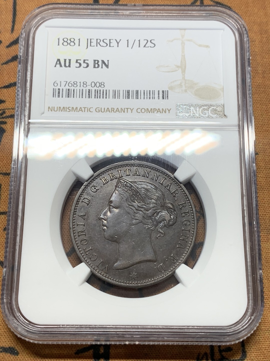 《竞宝斋》第111场-周日，周一 ，2场连拍（全场包邮） NGC AU55 1881 英属泽西1/12先令 铜币  发行量7.5万枚，最稀少年份