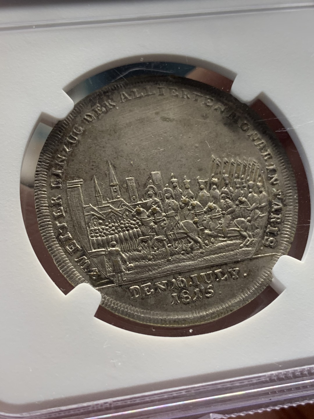 《竞宝斋》第111场-周日，周一 ，2场连拍（全场包邮） NGC AU 德国 1815年 德英联军 入侵巴黎 纪念 镀银铜章 背面细节丰富 难得