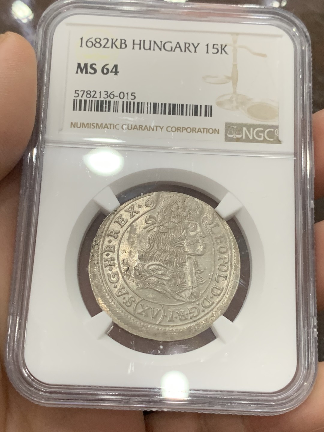 《竞宝斋》第111场-周日，周一 ，2场连拍（全场包邮） 冠军分 NGC-MS64 神圣罗马帝国 1682 匈牙利 15K 银币 出厂状态 全银光