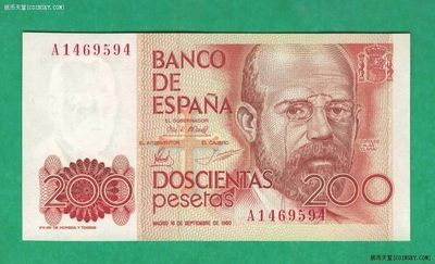 西班牙200比塞塔 1980年(1984年) A冠 P-156 欧洲币 实物图 UNC - 西班牙200比塞塔 1980年(1984年) A冠 P-156 欧洲币 实物图 UNC