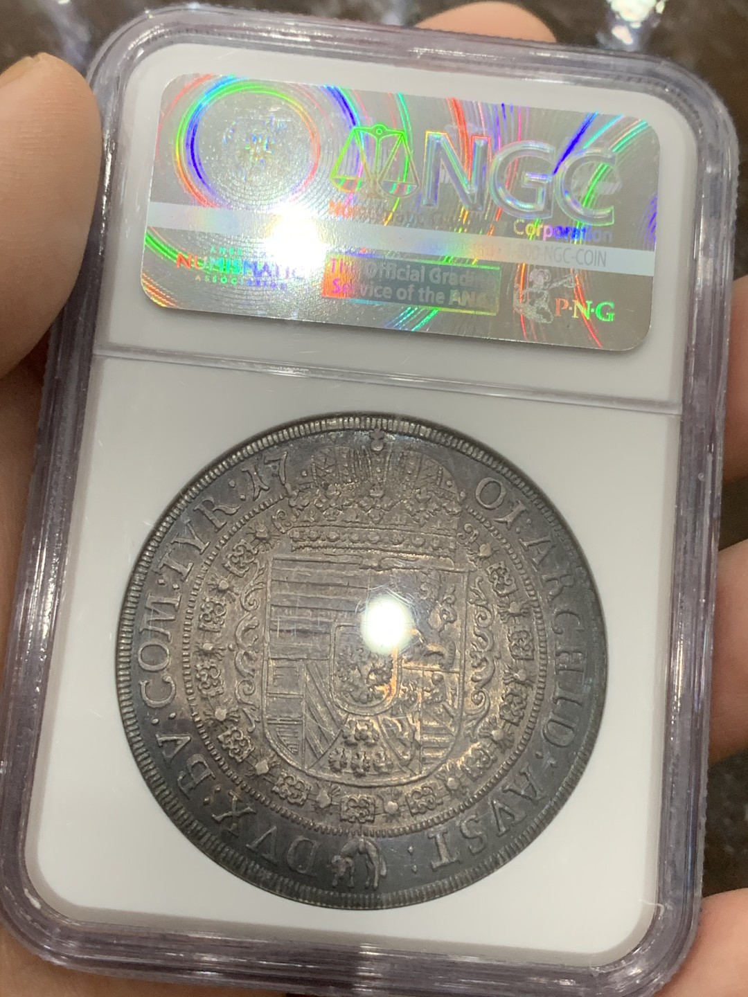 《竞宝斋》第111场-周日，周一 ，2场连拍（全场包邮） NGC-AU58  神圣罗马 帝国 1701年 利奥波德一世 大波浪 猪嘴大泰勒银币 入骨五彩包浆 老味道 非常漂亮