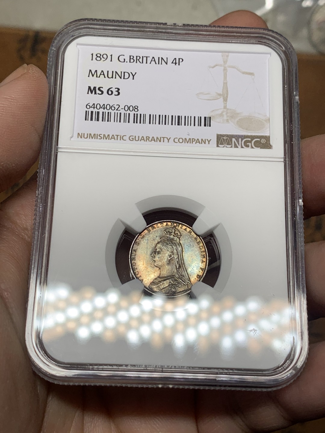 《竞宝斋》第111场-周日，周一 ，2场连拍（全场包邮） NGC MS63-64，UNC 英国 1891年维多利亚女王濯足银币一套 全五彩包浆 1P瑕疵肉眼几乎不可见