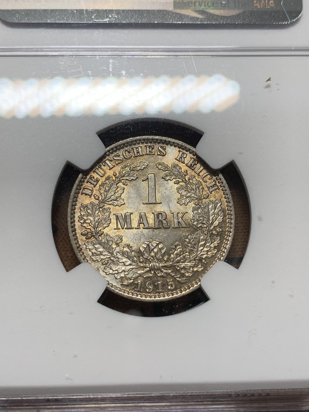 《竞宝斋》第111场-周日，周一 ，2场连拍（全场包邮） NGC-MS65 德国 1915E 长翅鹰1马克银币 黄油彩包浆