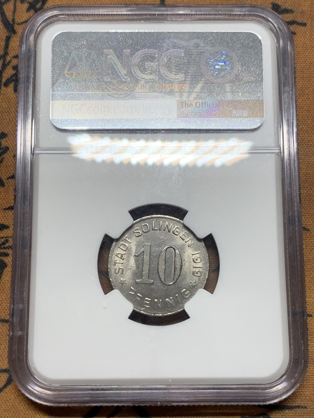 《竞宝斋》第111场-周日，周一 ，2场连拍（全场包邮） NGC-MS63 德国紧急状态 1919年 索林根10芬尼铁币  状态好 泛光状态