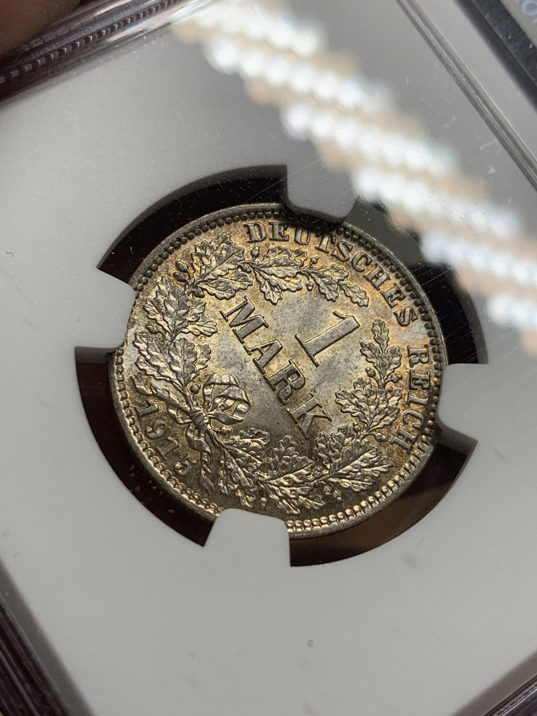 《竞宝斋》第111场-周日，周一 ，2场连拍（全场包邮） NGC-MS65 德国 1915E 长翅鹰1马克银币 黄油彩包浆