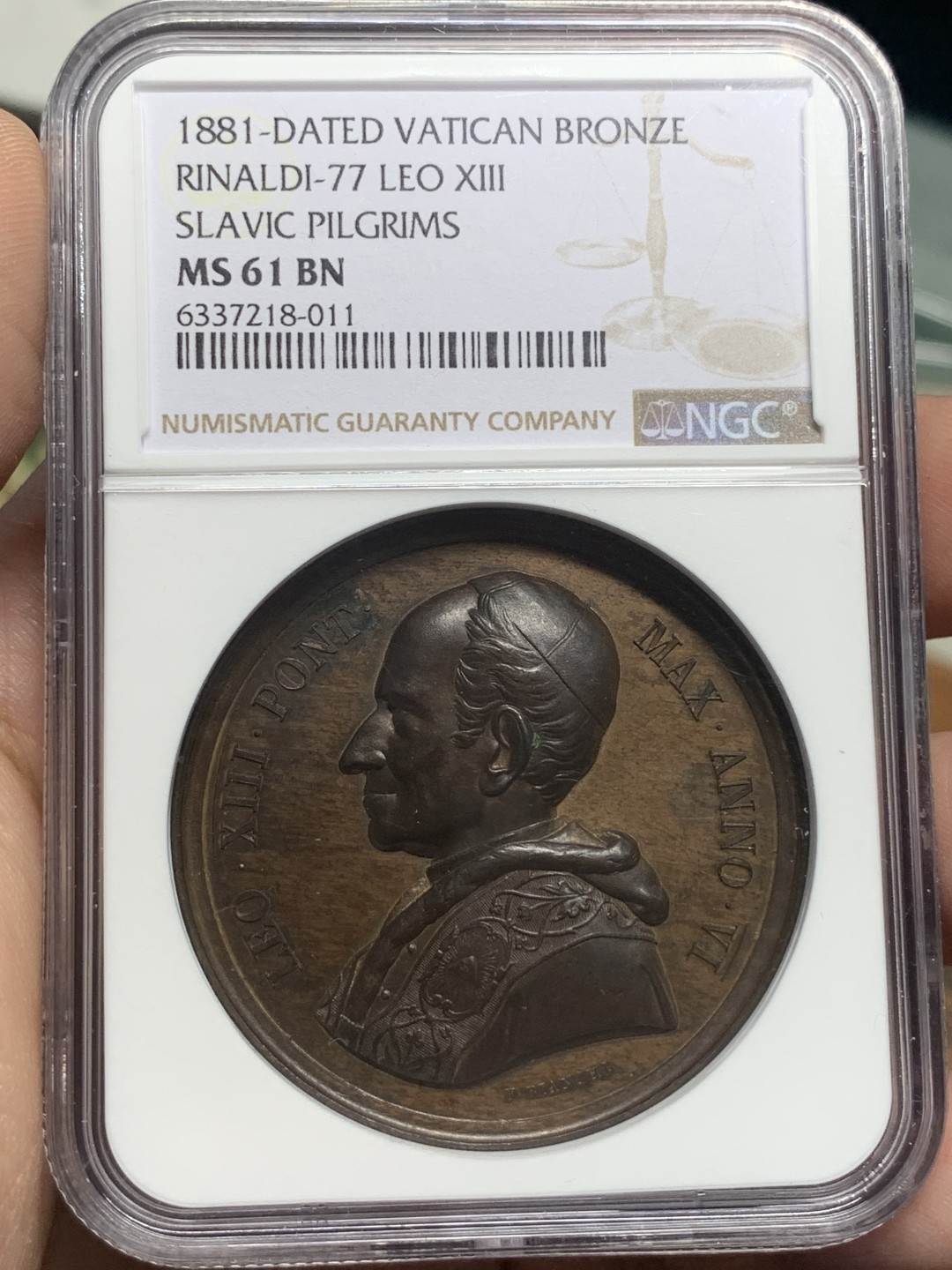 《竞宝斋》第111场-周日，周一 ，2场连拍（全场包邮） NGC MS61 梵蒂冈教皇国 1881年 利奥十三世 朝圣大铜章 加厚盒装 细节好 低评