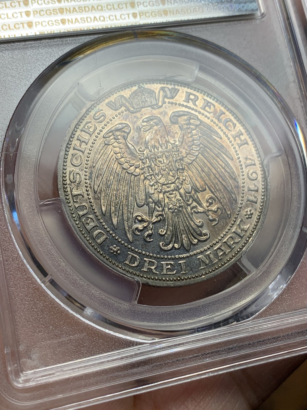 《竞宝斋》第111场-周日，周一 ，2场连拍（全场包邮） PCGS-PR63 德国 1911年 普鲁士布雷斯劳大学 3马克银币   精致靛蓝色包浆